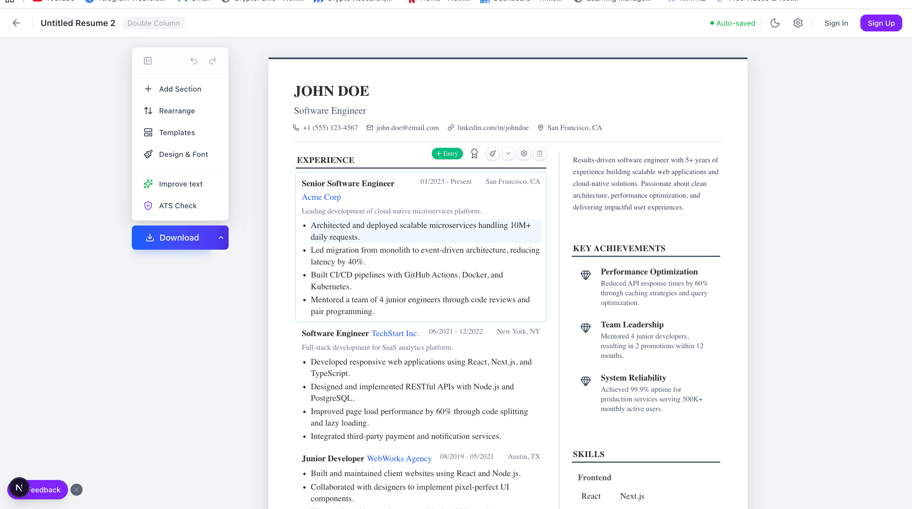 Clean single-column resume layout built with the CalcStack CV builder