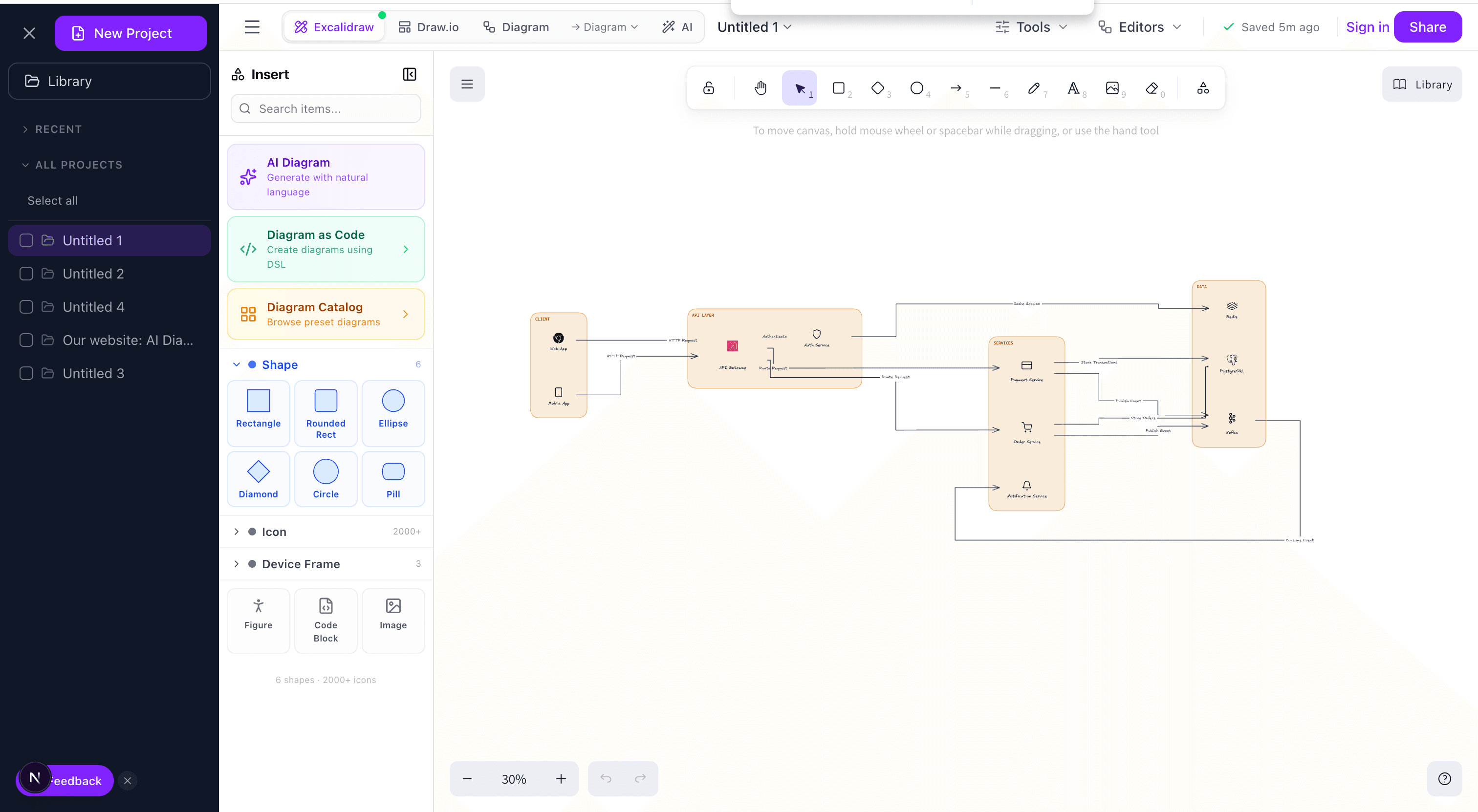 Architecture diagram built in the AI Diagram editor showing services, databases, and connections