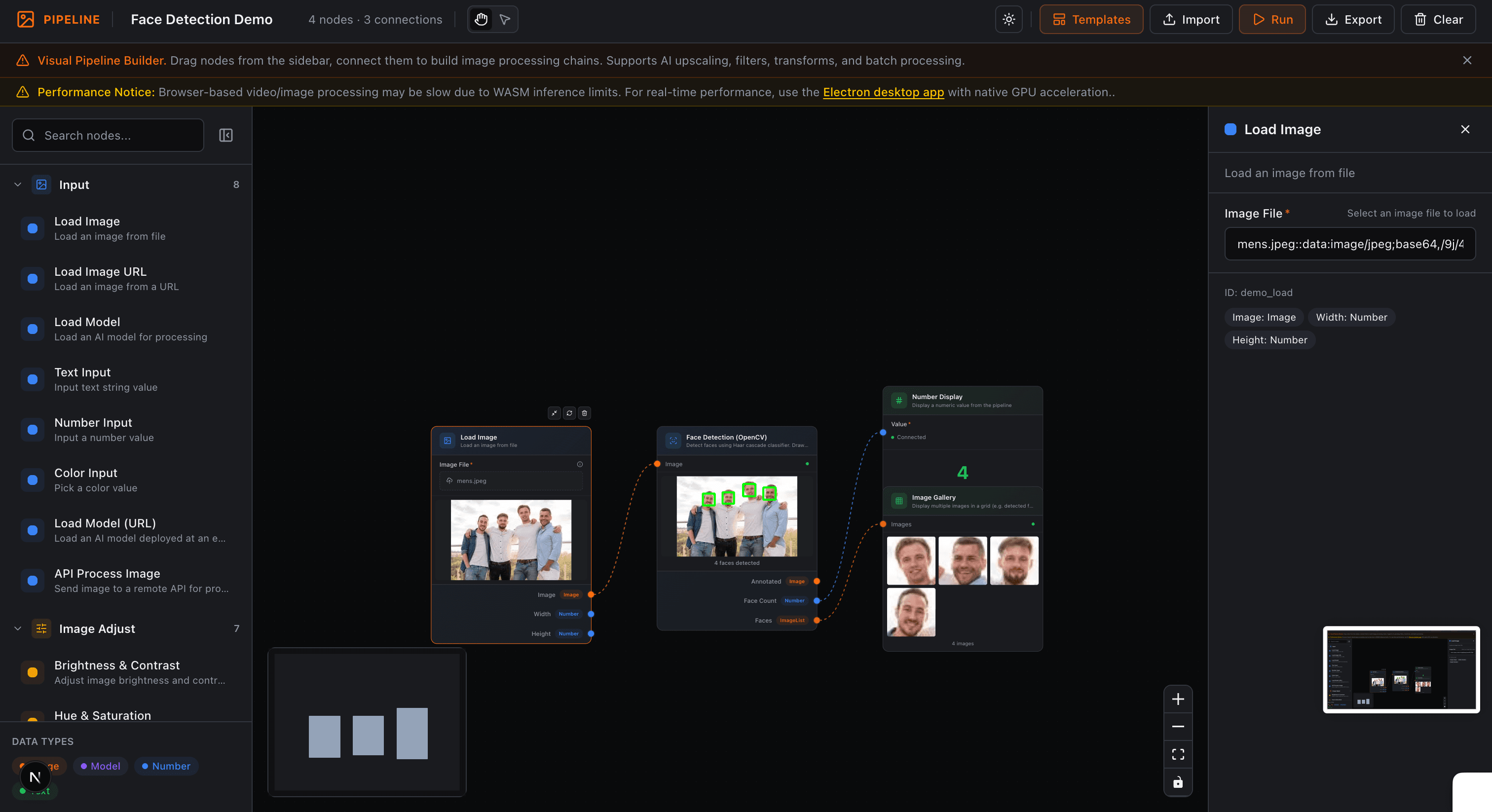 Node-based image pipeline editor showing a product-photo normalization graph